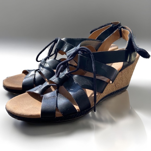 Clarks Shoes Clarks Helio Mendin Leather Gladiator Lace Up Cork